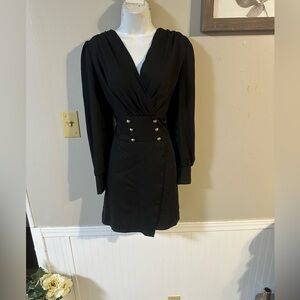 SHEIN Black Double-Breasted V-Neck Long Sleeve Mini Dress